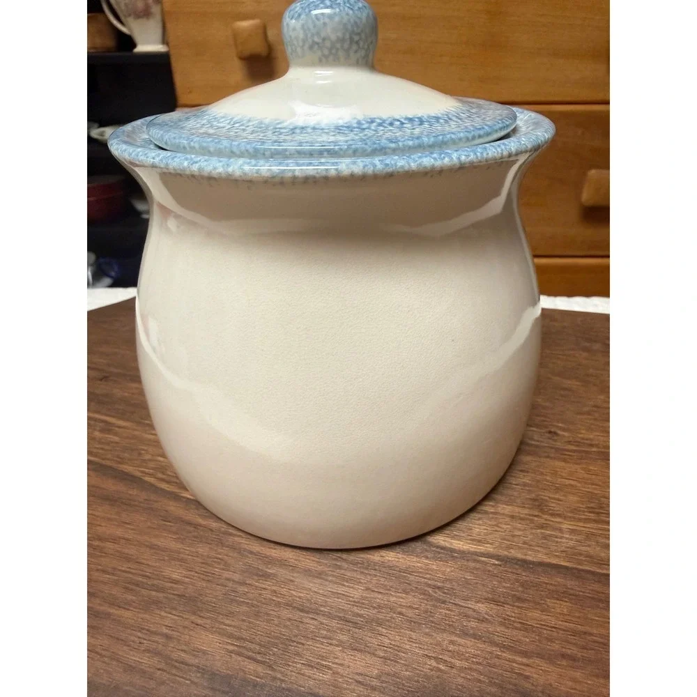 Vintage 1996 ABCo Blue Heart Sponge Painted Ceramic Canister Lidded Cookie Jar